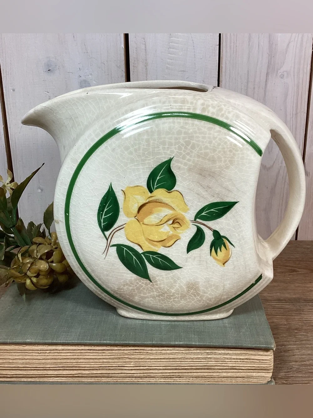 Stained & Crazed Vintage Yellow Rose Disc Pitcher
